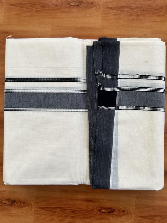 Double Off white - (Unbleached) Mundu/Dhoti- 20% Discount!! KaithariKada Balaramapuram 100% Cotton - 100x80 - 1.25 inch Black Shaded Striped Kara - 3.75 mtr (8 Muzham) - 5 KK5419 ASH