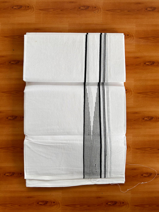 Double Pure white Mundu/Dhoti - 20% Discount! KaithariKada Pulimood - 100% Cotton - 100x100 - 1.5 inch Puliyilakkara Gold Kasav & Black Stripes Chutty 4 m (8.5 muzham) - 37 KK5534 ASH