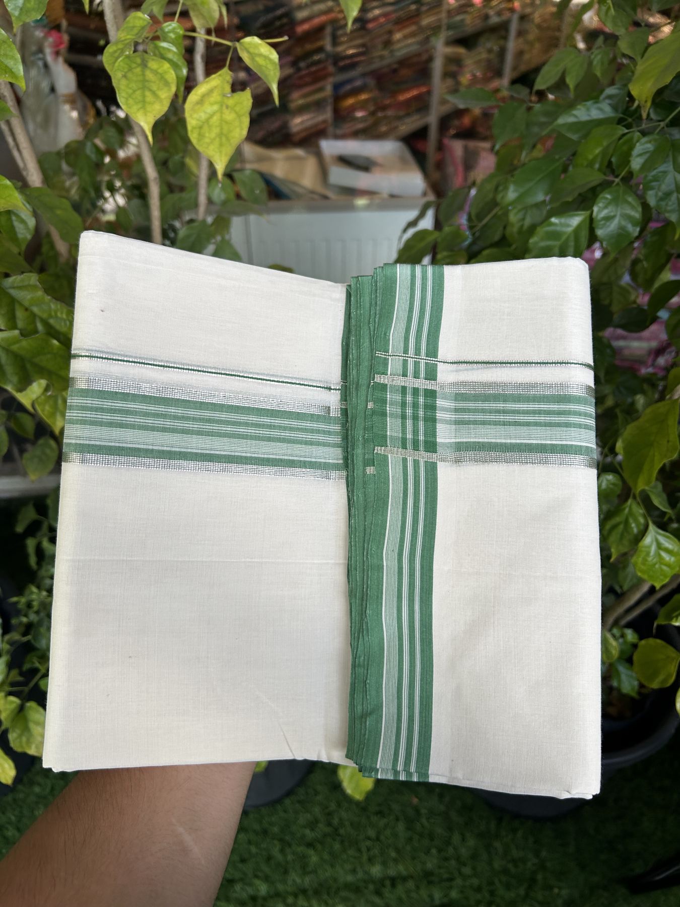 25% Discount ! Kaitharikada Handloom Unakkupaav Balaramapuram - 100% Pure Cotton Off White - (Unbleached) Double Mundu/Dhoti - 100x80 - 1.75 inch Silver Kasav Green Striped Kara 4 mtr (8.5 Muzham) - 35 KK5320 RAM
