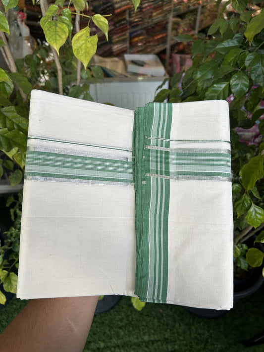 25% Discount ! Kaitharikada Handloom Unakkupaav Balaramapuram - 100% Pure Cotton Off White - (Unbleached) Double Mundu/Dhoti - 100x80 - 1.75 inch Silver Kasav Green Striped Kara 4 mtr (8.5 Muzham) - 35 KK5320 RAM