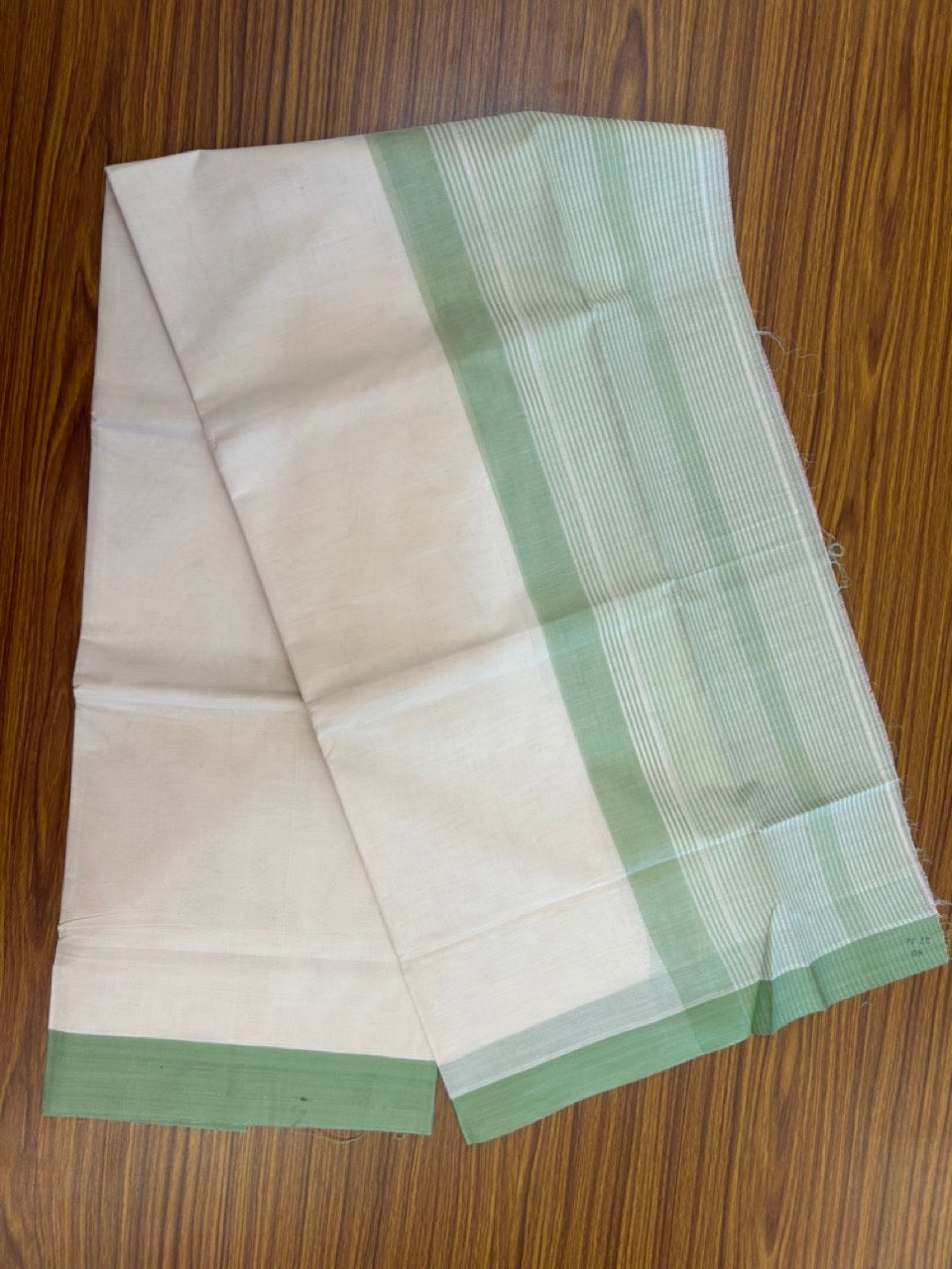21% Discount! KaithariKada Balaramapuram 100% Cotton Off white (Unbleached) Double Mundu/Dhoti - 100x80 - 7.25 inch Pista Green Stripes Kara 4 mtr (8.5 muzham) - 35 KK5284 PMC