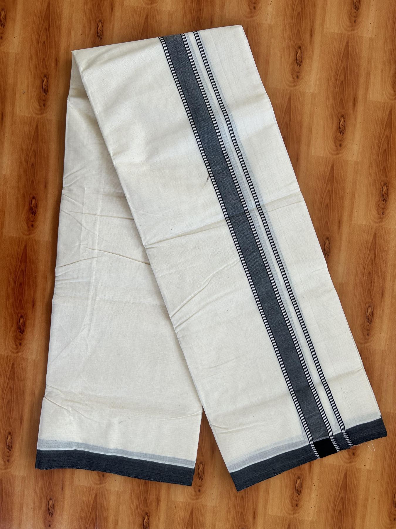 Double Off white - (Unbleached) Mundu/Dhoti- 20% Discount!! KaithariKada Balaramapuram 100% Cotton - 100x80 - 1.25 inch Black Shaded Striped Kara - 3.75 mtr (8 Muzham) - 5 KK5419 ASH