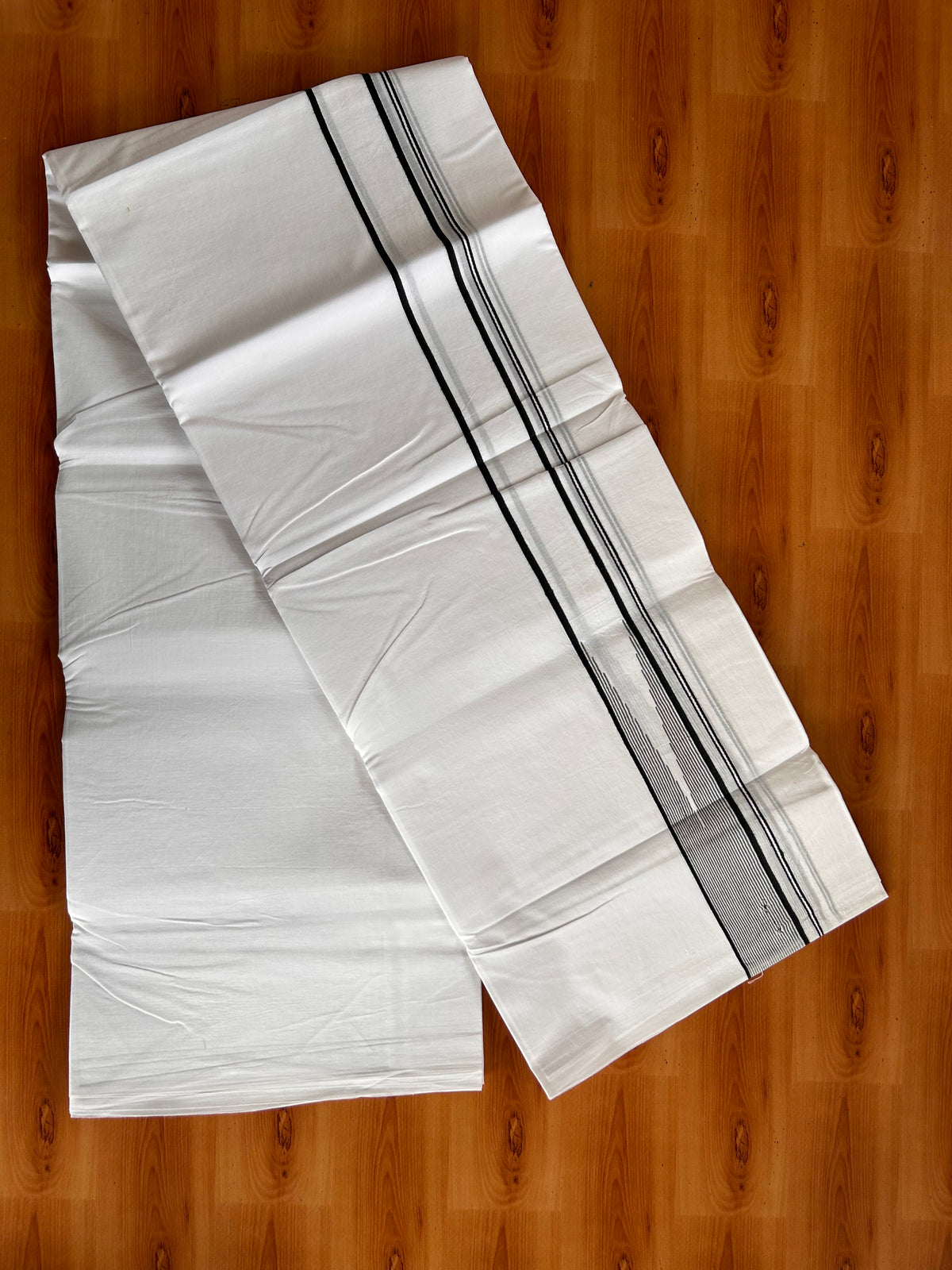 Double Pure white Mundu/Dhoti - 20% Discount! KaithariKada Pulimood - 100% Cotton - 100x100 - 1.5 inch Puliyilakkara Gold Kasav & Black Stripes Chutty 4 m (8.5 muzham) - 37 KK5534 ASH