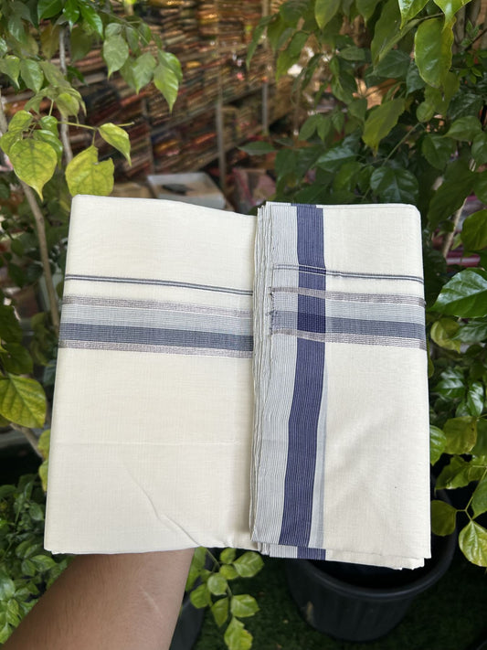 25% Discount! KaithariKada Handloom Unakkupaav Balaramapuram - Cotton Double Mundu/Dhoti Off white (Unbleached) - 100x80 - 1.5 inch Silver Kasav Grey & Navy Blue striped Kara - 4 meter (8.5 Muzham) - 29 KK5320 RAM
