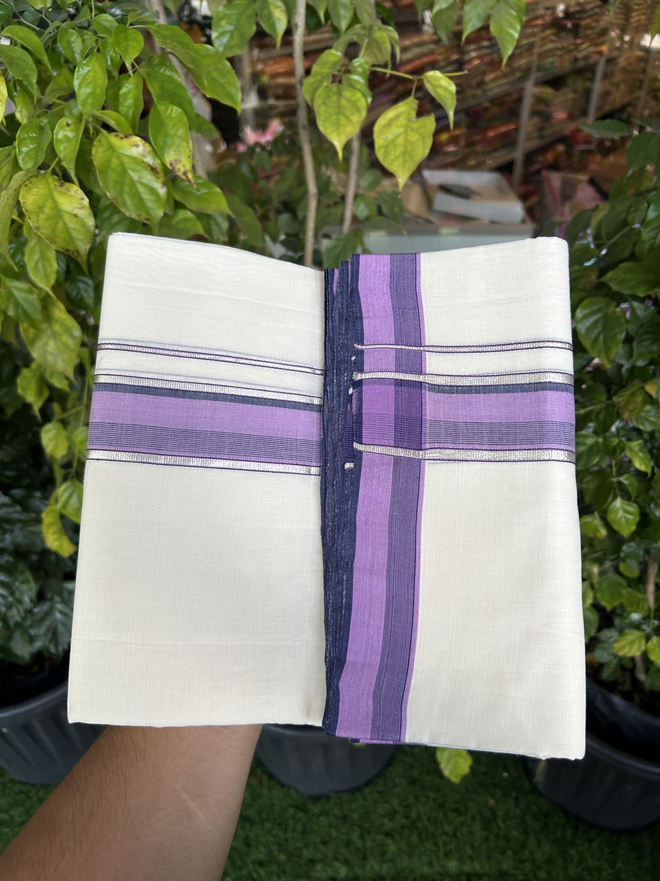 25% Discount ! Kaitharikada Handloom Unakkupaav Balaramapuram - 100% Pure Cotton Off White - (Unbleached) Double Mundu/Dhoti - 100x80 - 1.75 inch Silver Kasav Navy Blue & Purple Striped Kara 4 mtr (8.5 Muzham) - 32 KK5320 RAM