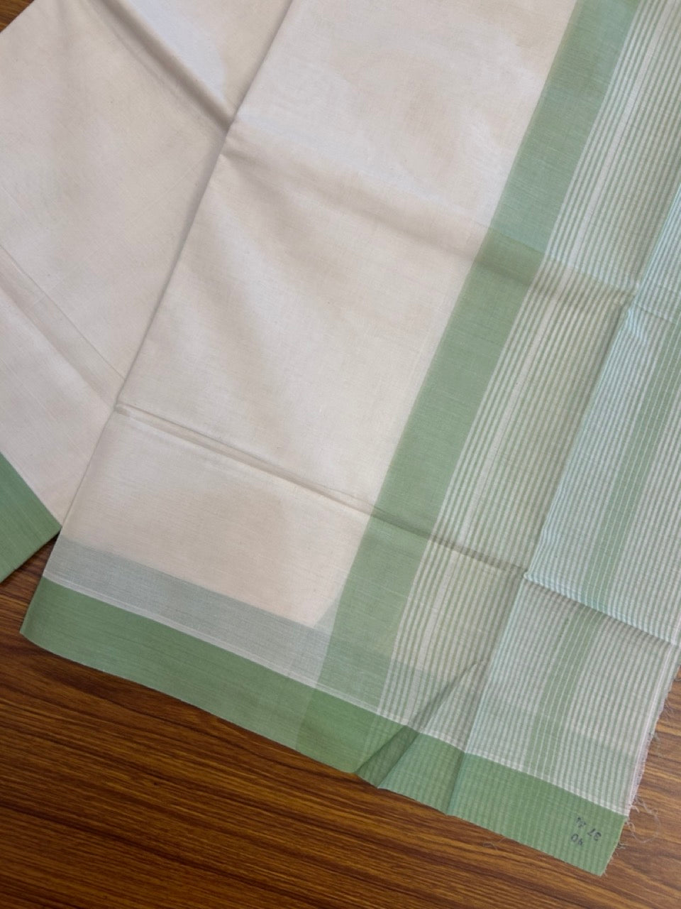 21% Discount! KaithariKada Balaramapuram 100% Cotton Off white (Unbleached) Double Mundu/Dhoti - 100x80 - 7.25 inch Pista Green Stripes Kara 4 mtr (8.5 muzham) - 35 KK5284 PMC