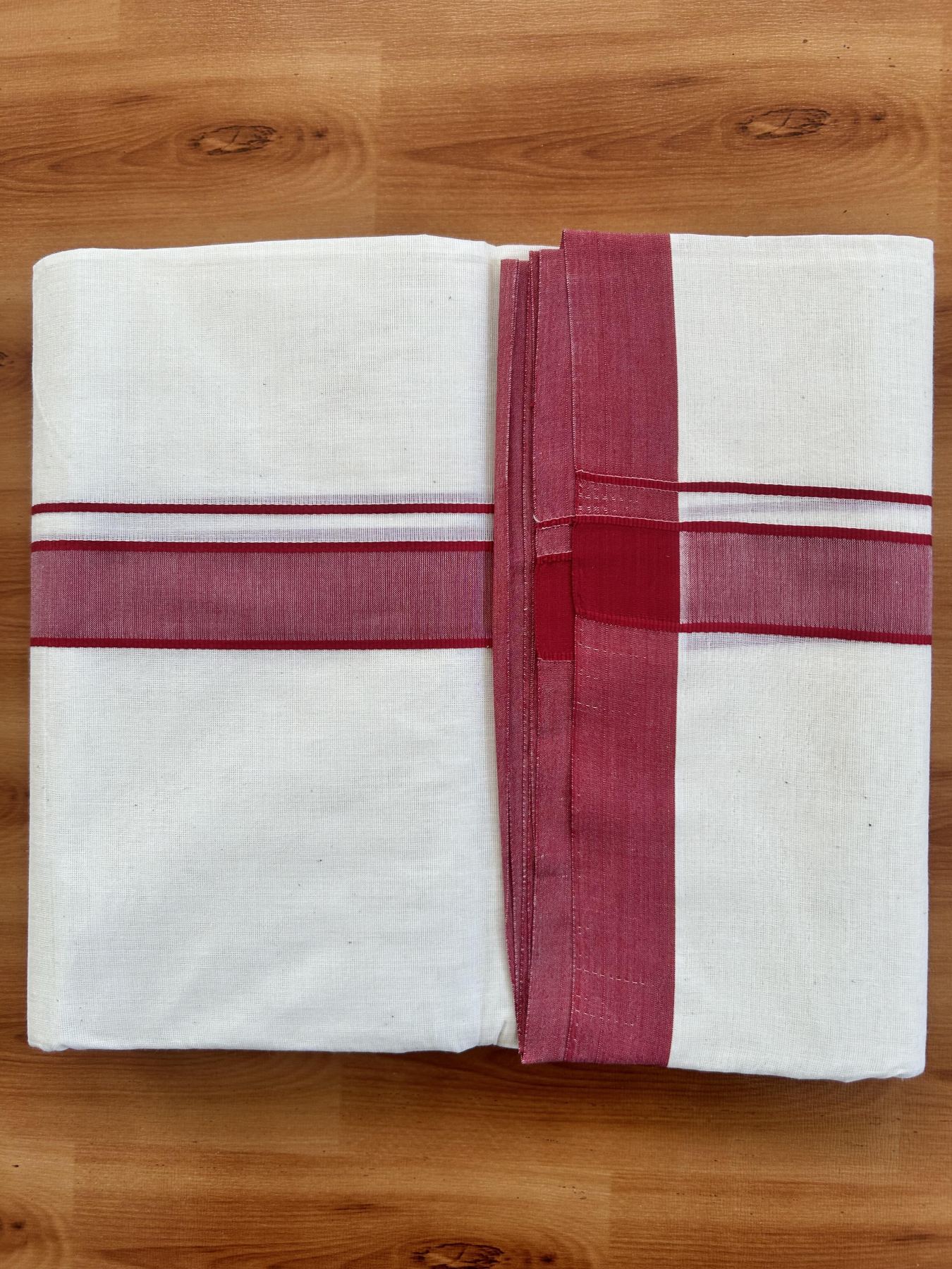 Double Off white - (Unbleached) Mundu/Dhoti- 20% Discount!! KaithariKada Balaramapuram 100% Cotton - 100x80 - 1.25 inch Maroon Shaded Kara - 3.75 mtr (8 Muzham) - 8 KK5419 ASH