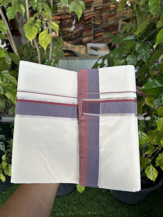 25% Discount! KaithariKada Handloom Unakkupaav Balaramapuram - Cotton Double Mundu/Dhoti Off white (Unbleached) - 100x80 - 1.5 inch Silver Kasav Pastel Maroon & Blue Grey shaded Kara - 4 meter (8.5 Muzham) - 27 KK5320 RAM