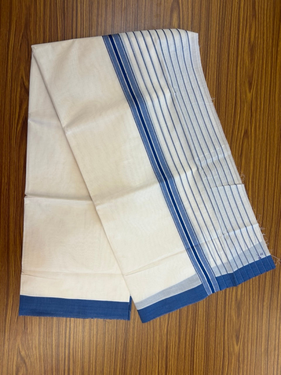 20% Discount! KaithariKada Balaramapuram Pure Cotton Double Off White Mundu/Dhoti - 100x80 - 7 Inch Silver Kasav & Royal Blue Stripes Kara 4 mtr (8.5 Muzham) - 32 KK5284 PMC