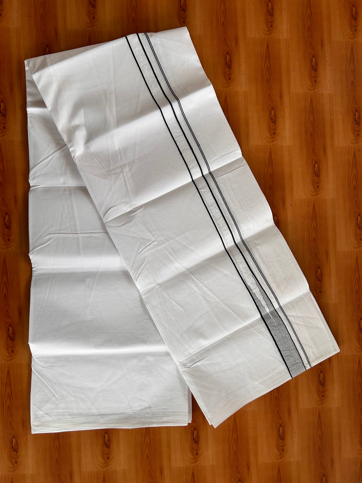 Pure White Single Mundu/Dhoti - 20% Discount! KaithariKada Pulimood 100% Cotton - 100s - 1 inch Puliyilakkara Black Stripes Heavy Chutty (2 meter / 4 muzham) - 40 KK5534 ASH