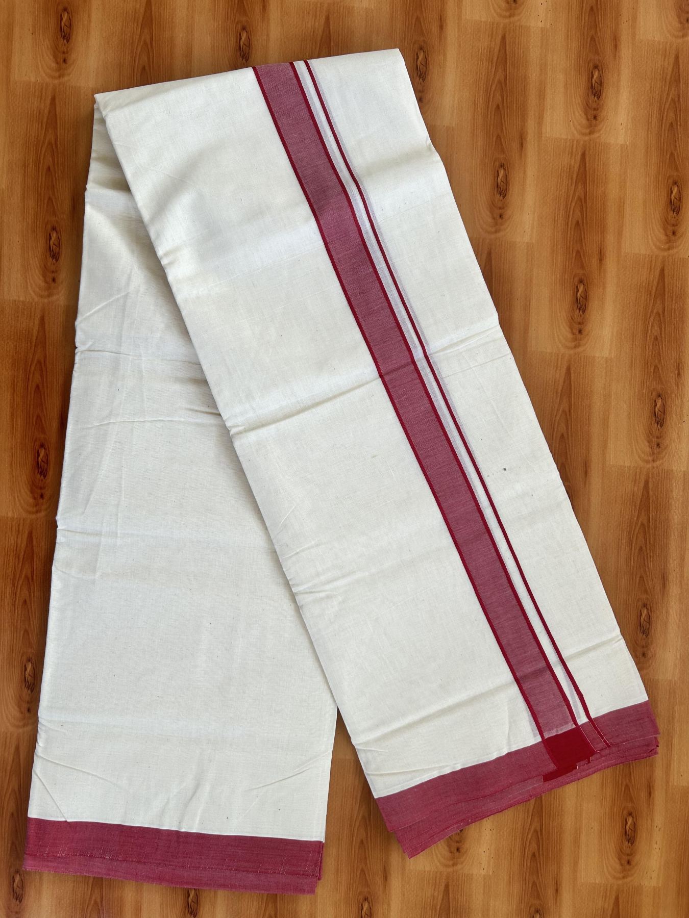 Double Off white - (Unbleached) Mundu/Dhoti- 20% Discount!! KaithariKada Balaramapuram 100% Cotton - 100x80 - 1.25 inch Maroon Shaded Kara - 3.75 mtr (8 Muzham) - 8 KK5419 ASH