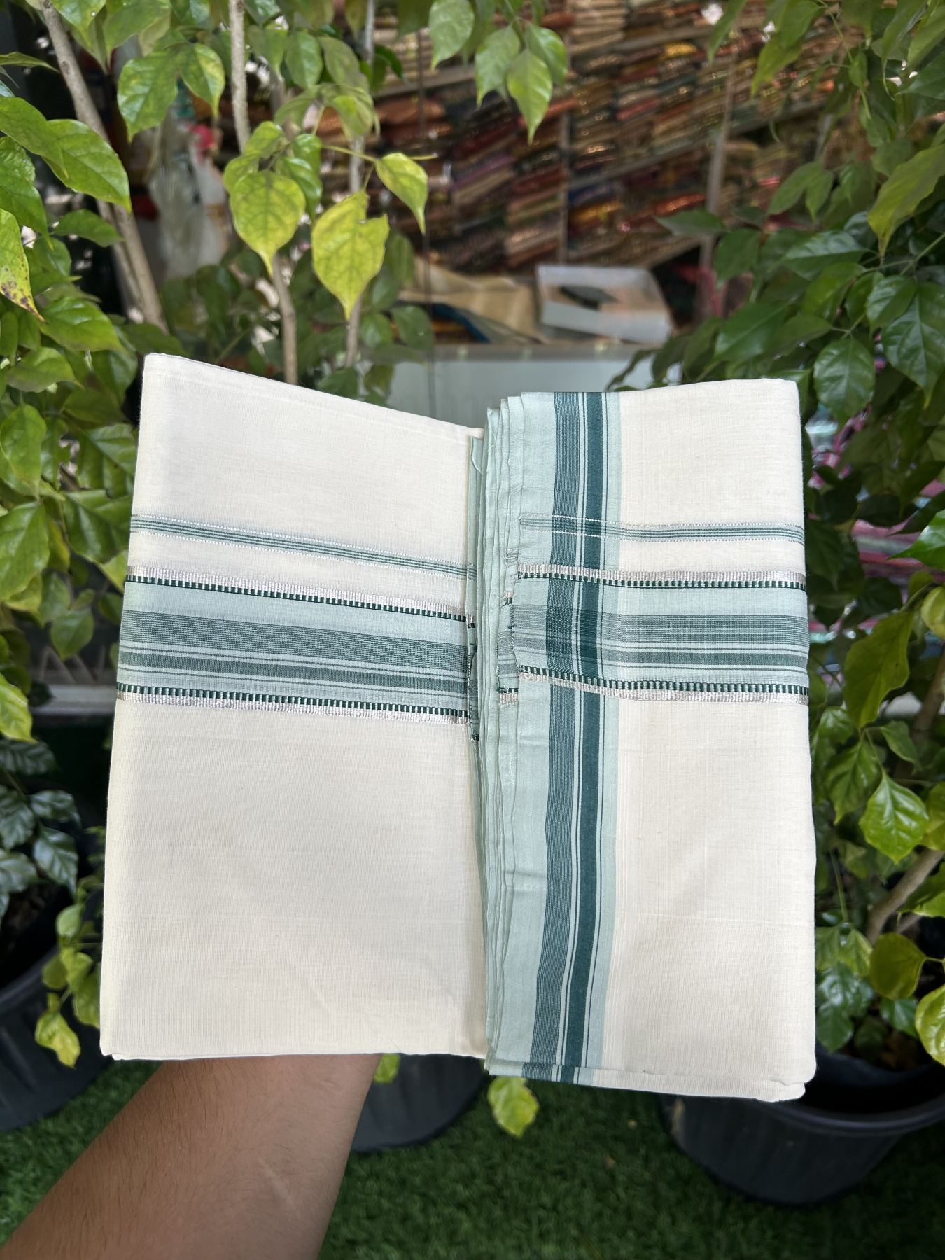 25% Discount ! Kaitharikada Handloom Unakkupaav Balaramapuram - 100% Pure Cotton Off White - (Unbleached) Double Mundu/Dhoti - 100x80 - 1.75 inch Silver Kasav & Teal Green Striped Kara 4 mtr (8.5 Muzham) - 31 KK5320 RAM