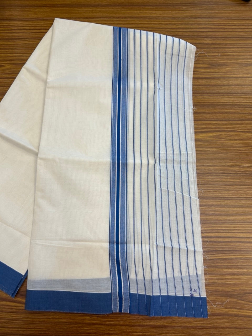 20% Discount! KaithariKada Balaramapuram Pure Cotton Double Off White Mundu/Dhoti - 100x80 - 7 Inch Silver Kasav & Royal Blue Stripes Kara 4 mtr (8.5 Muzham) - 32 KK5284 PMC