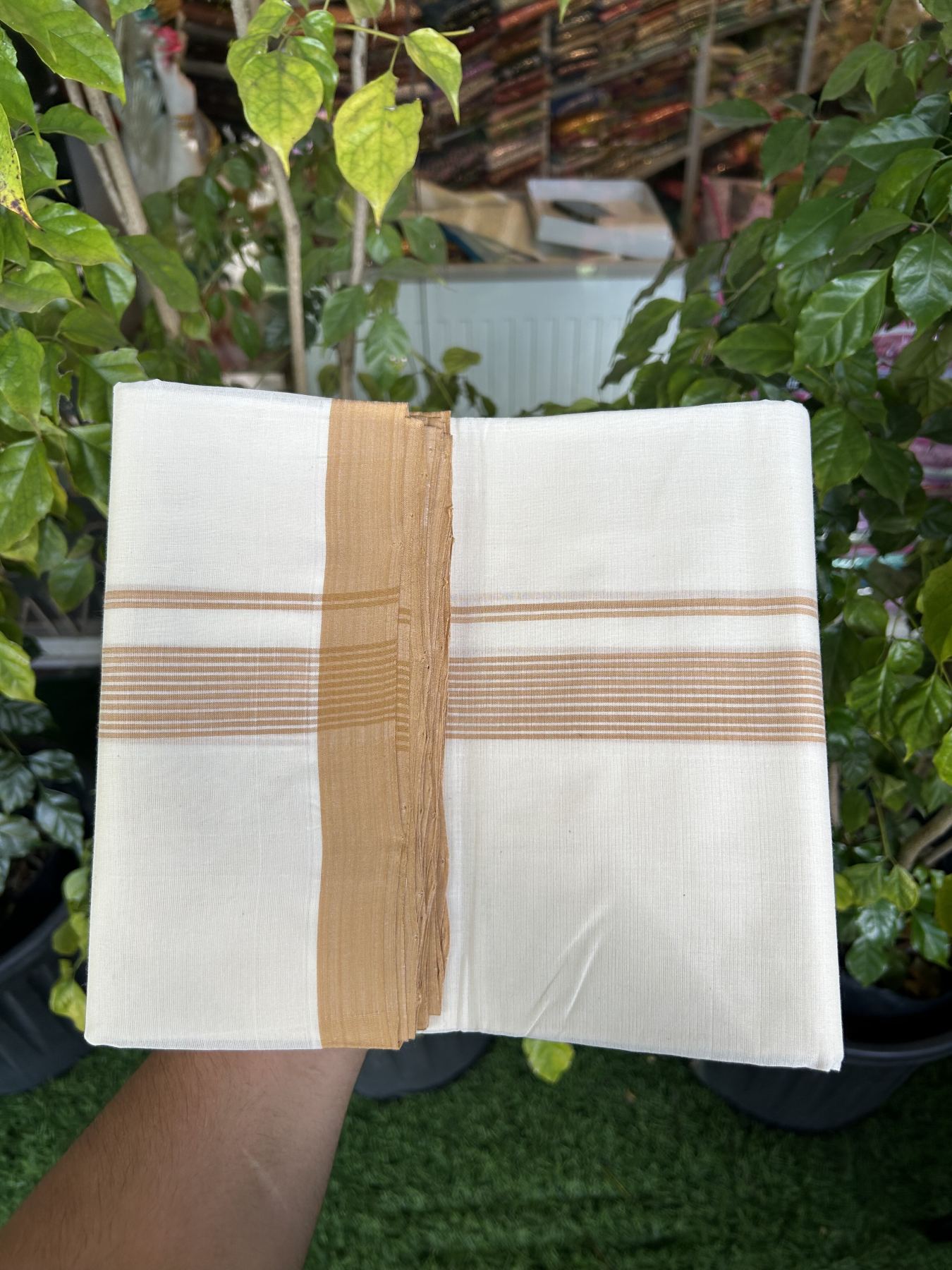 25% Discount! KaithariKada Handloom Millpaav Balaramapuram - Cotton Double Mundu/Dhoti Off white (Unbleached) - 80x90 - 1.25 inch Mustard Brown striped Kara - 3.70 meter (8 Muzham) - 39 KK5320 RAM