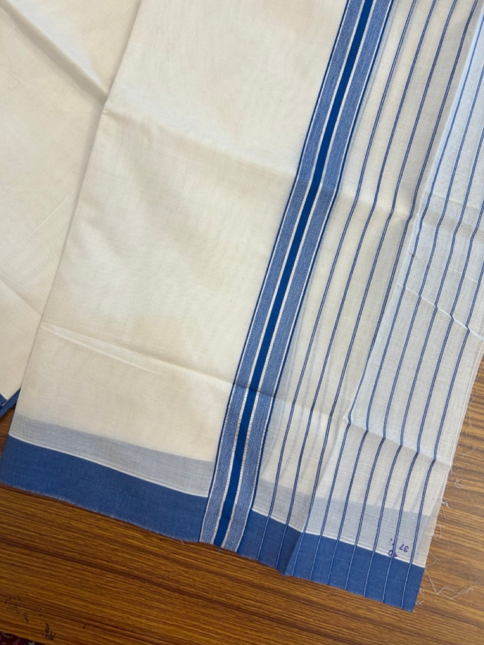 20% Discount! KaithariKada Balaramapuram Pure Cotton Double Off White Mundu/Dhoti - 100x80 - 7 Inch Silver Kasav & Royal Blue Stripes Kara 4 mtr (8.5 Muzham) - 32 KK5284 PMC