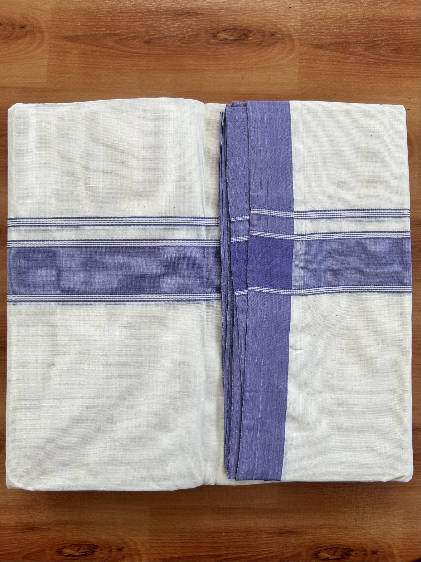 Double Off white - (Unbleached) Mundu/Dhoti- 20% Discount!! KaithariKada Balaramapuram 100% Cotton - 100x80 - 1.5 inch Lavender Shaded Striped Kara - 3.75 mtr (8 Muzham) - 1 KK5419 ASH