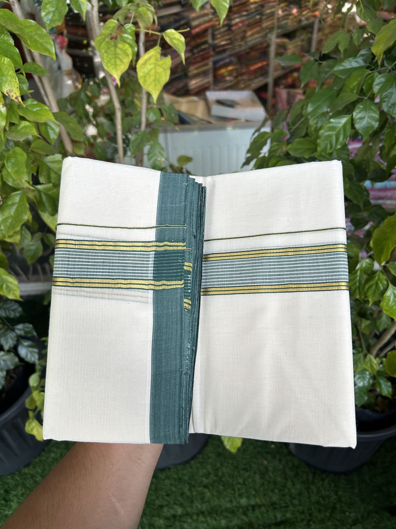 25% Discount! KaithariKada Handloom Millpaav Balaramapuram - Cotton Double Mundu/Dhoti Off white (Unbleached) - 80x90 - 1.5 inch Kasav  Dark Green & White striped Kara - 3.60 meter (8 Muzham) - 18 KK5320 RAM
