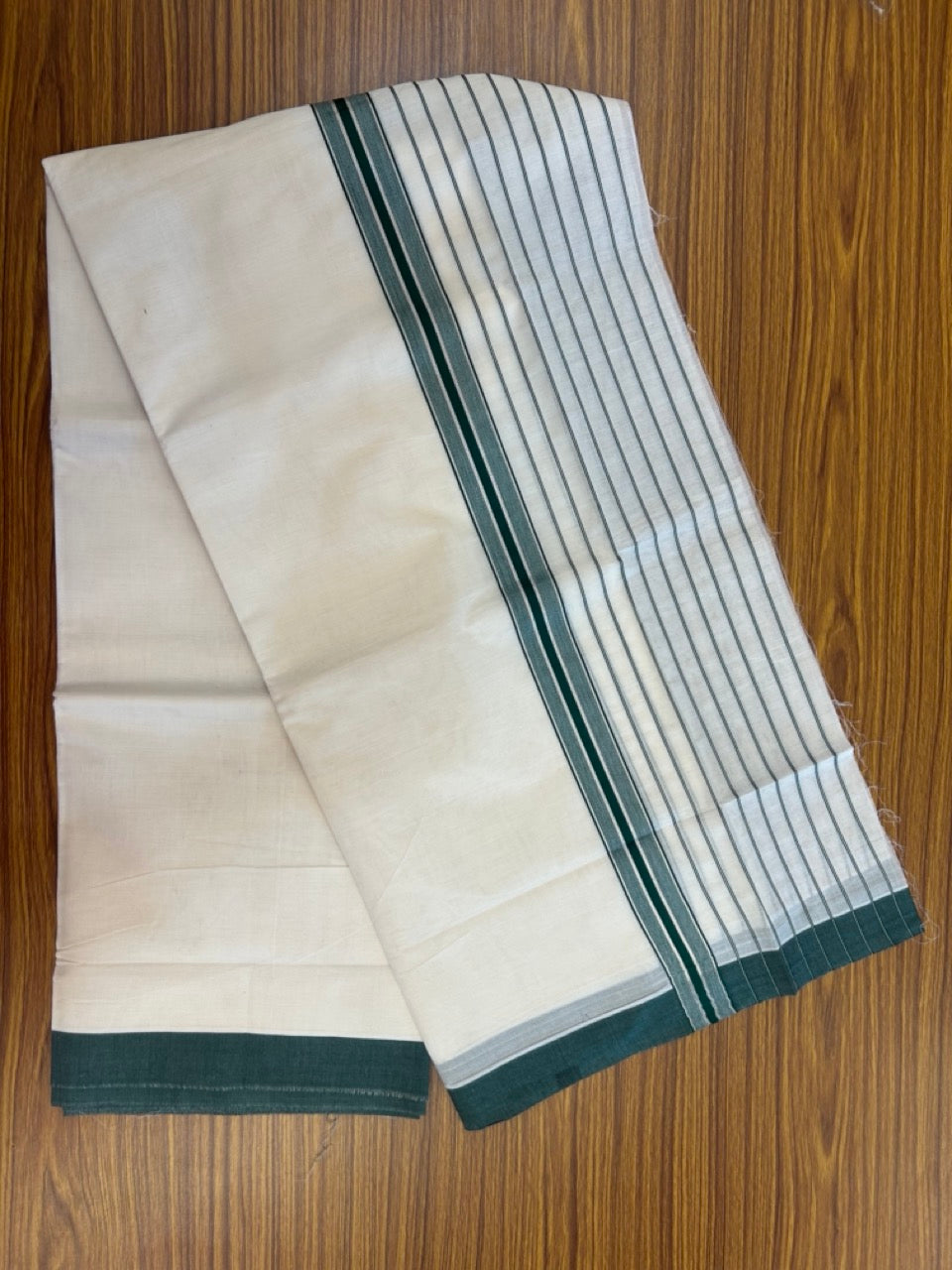 20% Discount! KaithariKada Balaramapuram Pure Cotton Double Off White Mundu/Dhoti - 100x80 - 7 Inch Silver Kasav & Green Stripes Kara 4 mtr (8.5 Muzham) - 29 KK5284 PMC
