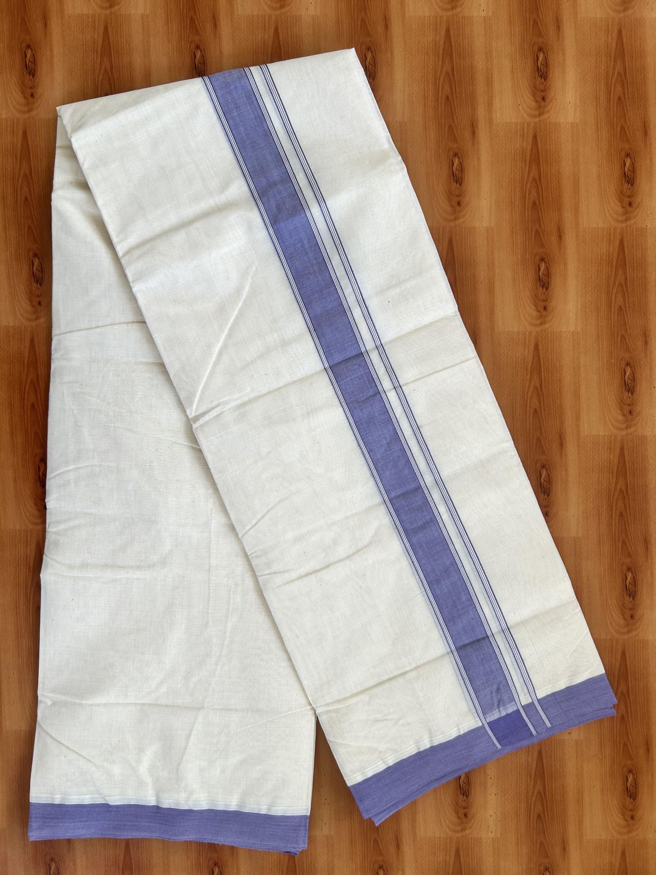 Double Off white - (Unbleached) Mundu/Dhoti- 20% Discount!! KaithariKada Balaramapuram 100% Cotton - 100x80 - 1.5 inch Lavender Shaded Striped Kara - 3.75 mtr (8 Muzham) - 1 KK5419 ASH