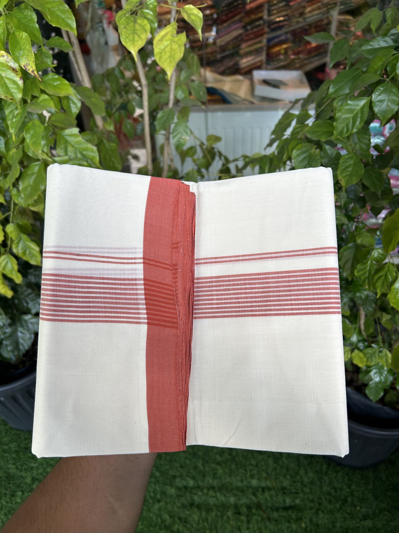 25% Discount! KaithariKada Handloom Millpaav Balaramapuram - Cotton Double Mundu/Dhoti Off white (Unbleached) - 80x90 - 1.5 inch Brick Red striped Kara - 3.70 meter (8 Muzham) - 38 KK5320 RAM