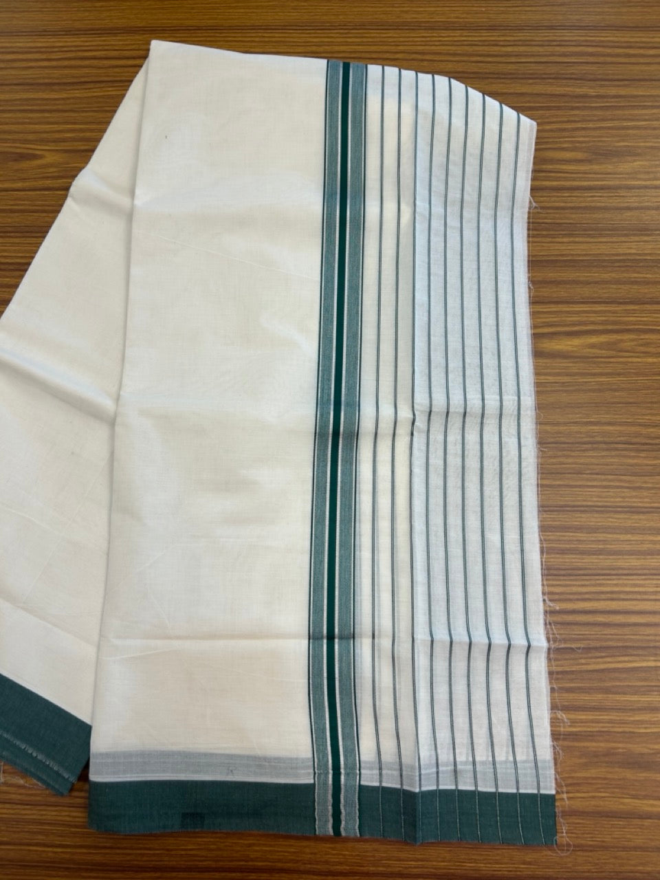 20% Discount! KaithariKada Balaramapuram Pure Cotton Double Off White Mundu/Dhoti - 100x80 - 7 Inch Silver Kasav & Green Stripes Kara 4 mtr (8.5 Muzham) - 29 KK5284 PMC