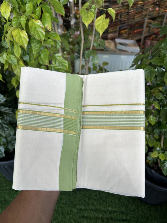 25% Discount! KaithariKada Handloom Millpaav Balaramapuram - Cotton Double Mundu/Dhoti Off white (Unbleached) - 80x90 - 1.25 inch Kasav  Parrot Green & White striped Kara - 3.60 meter (8 Muzham) - 21 KK5320 RAM