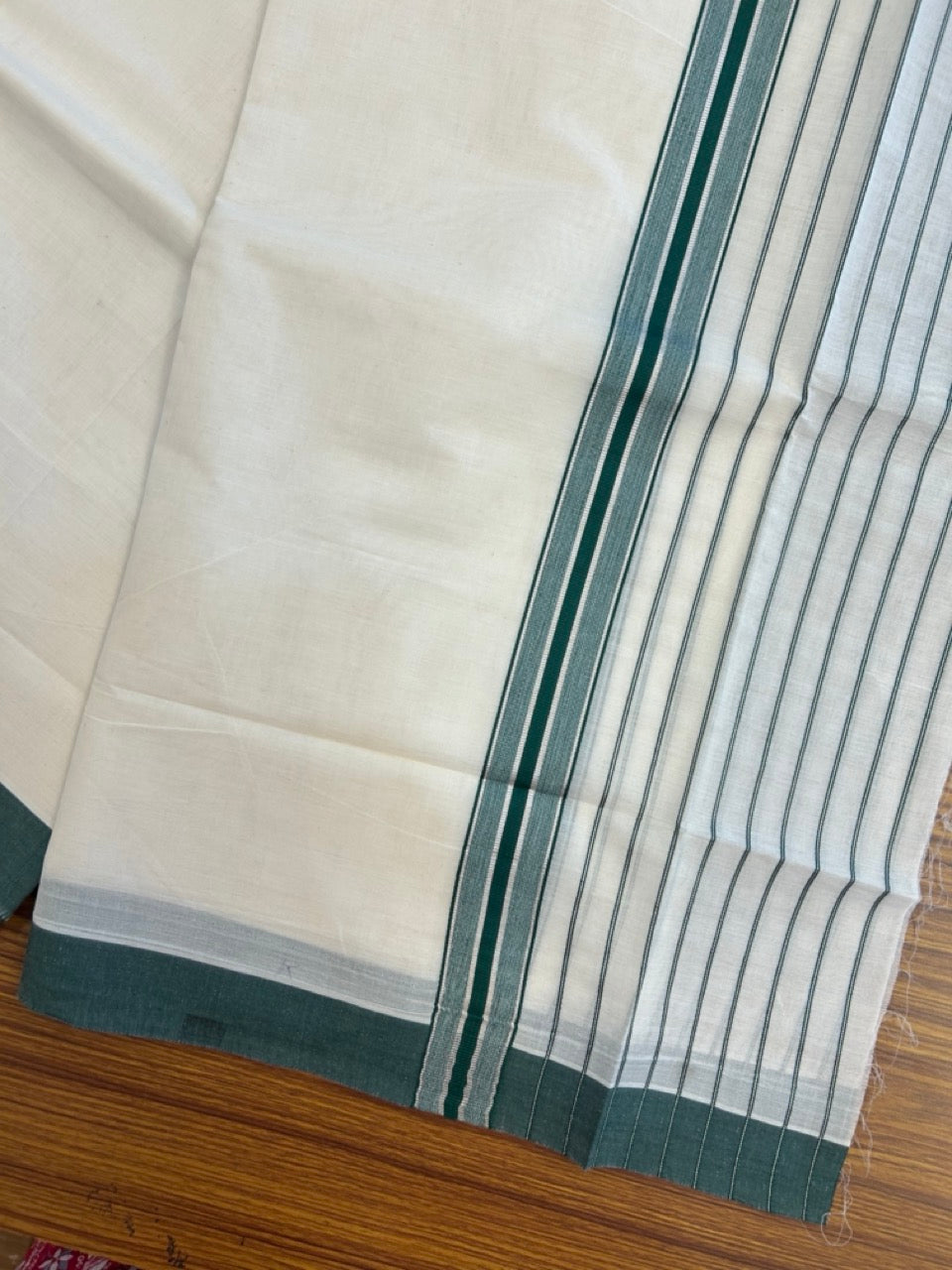 20% Discount! KaithariKada Balaramapuram Pure Cotton Double Off White Mundu/Dhoti - 100x80 - 7 Inch Silver Kasav & Green Stripes Kara 4 mtr (8.5 Muzham) - 29 KK5284 PMC