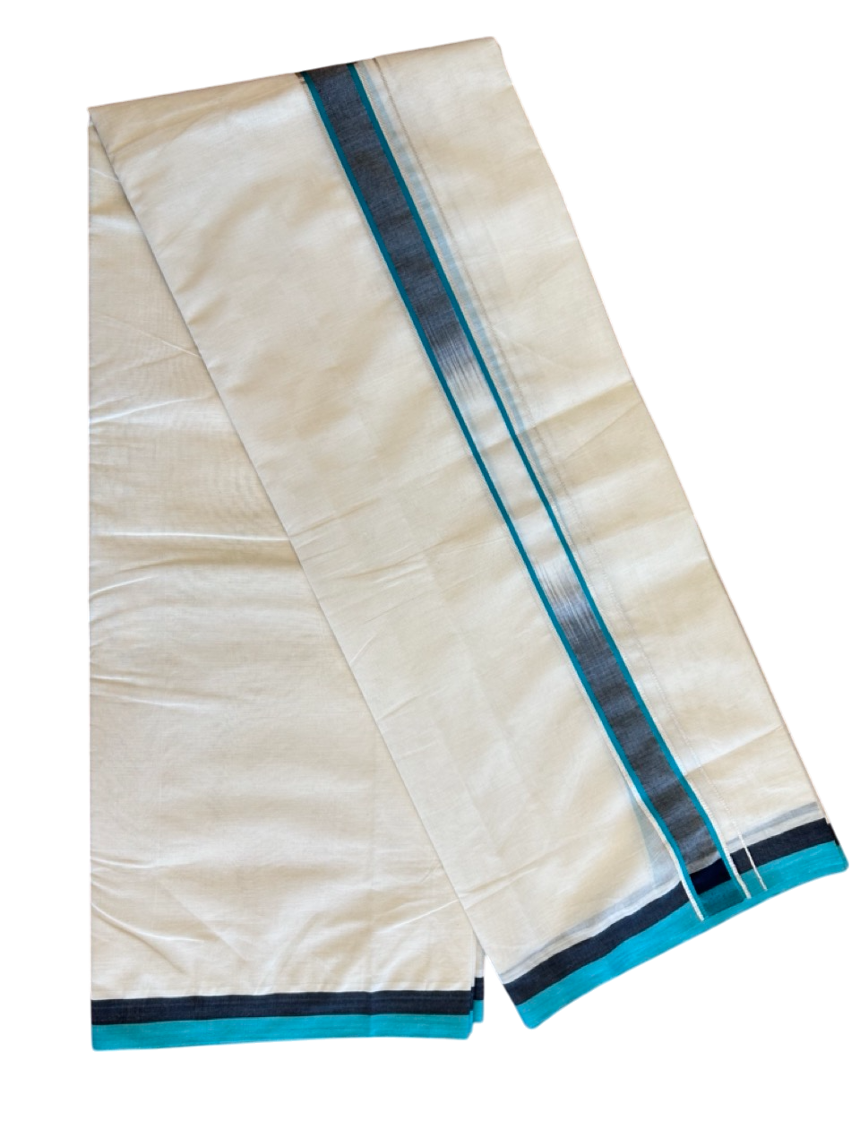 19% Discount!!! KaithariKada Balaramapuram  Double RAINBOW Off white - (Unbleached) Mundu/Dhoti - 80X90 - 2.25 inch Black & Dark Turquoise Green Silver Striped Designer Kara- 11KK5042KAI