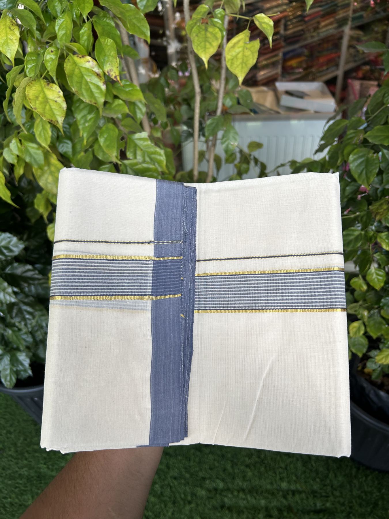 25% Discount! KaithariKada Handloom Millpaav Balaramapuram - Cotton Double Mundu/Dhoti Off white (Unbleached) - 80x90 - 1.25 inch Kasav  Ash Blue & White striped Kara - 3.60 meter (8 Muzham) - 17 KK5320 RAM