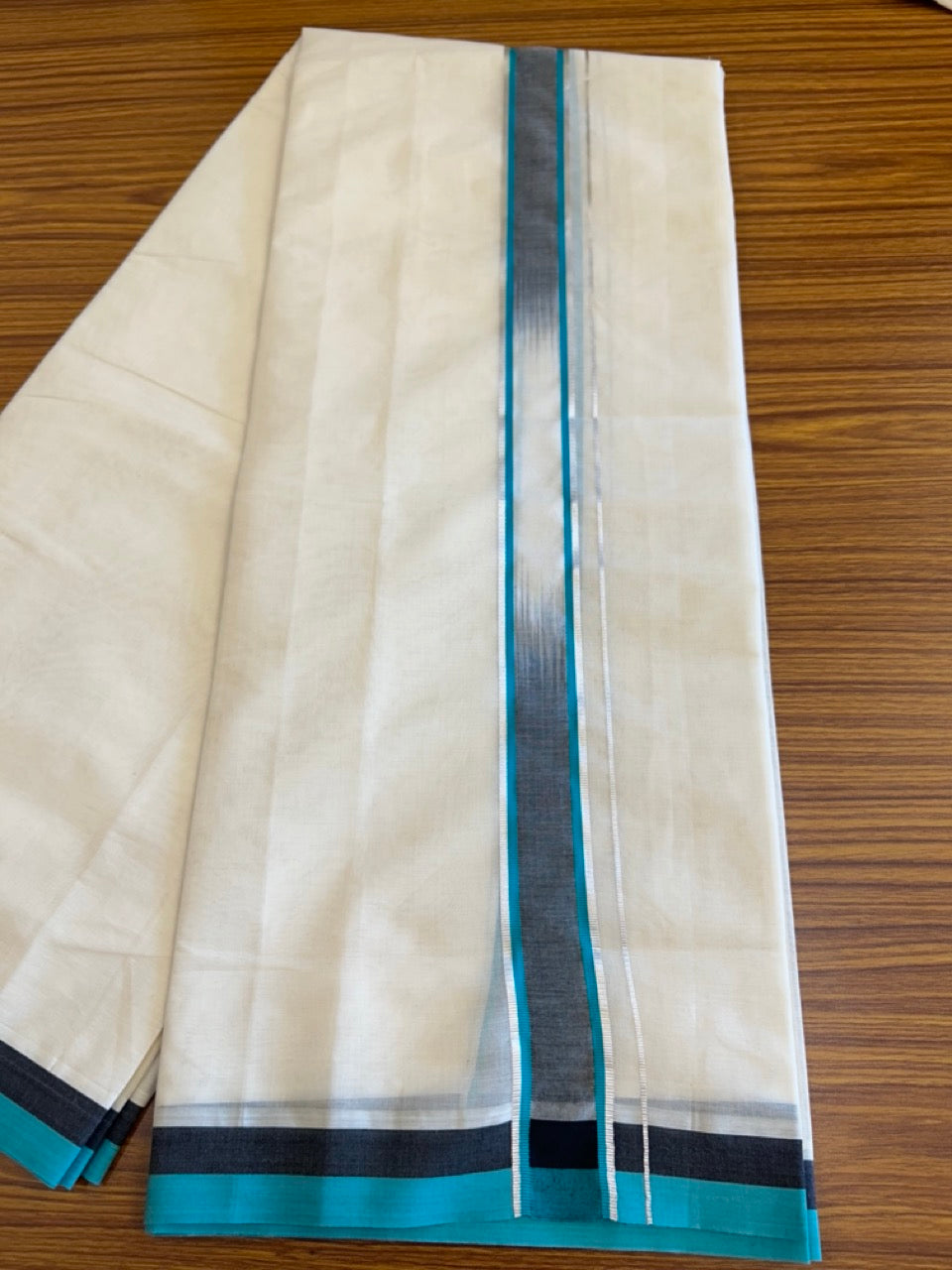 19% Discount!!! KaithariKada Balaramapuram  Double RAINBOW Off white - (Unbleached) Mundu/Dhoti - 80X90 - 2.25 inch Black & Dark Turquoise Green Silver Striped Designer Kara- 11KK5042KAI