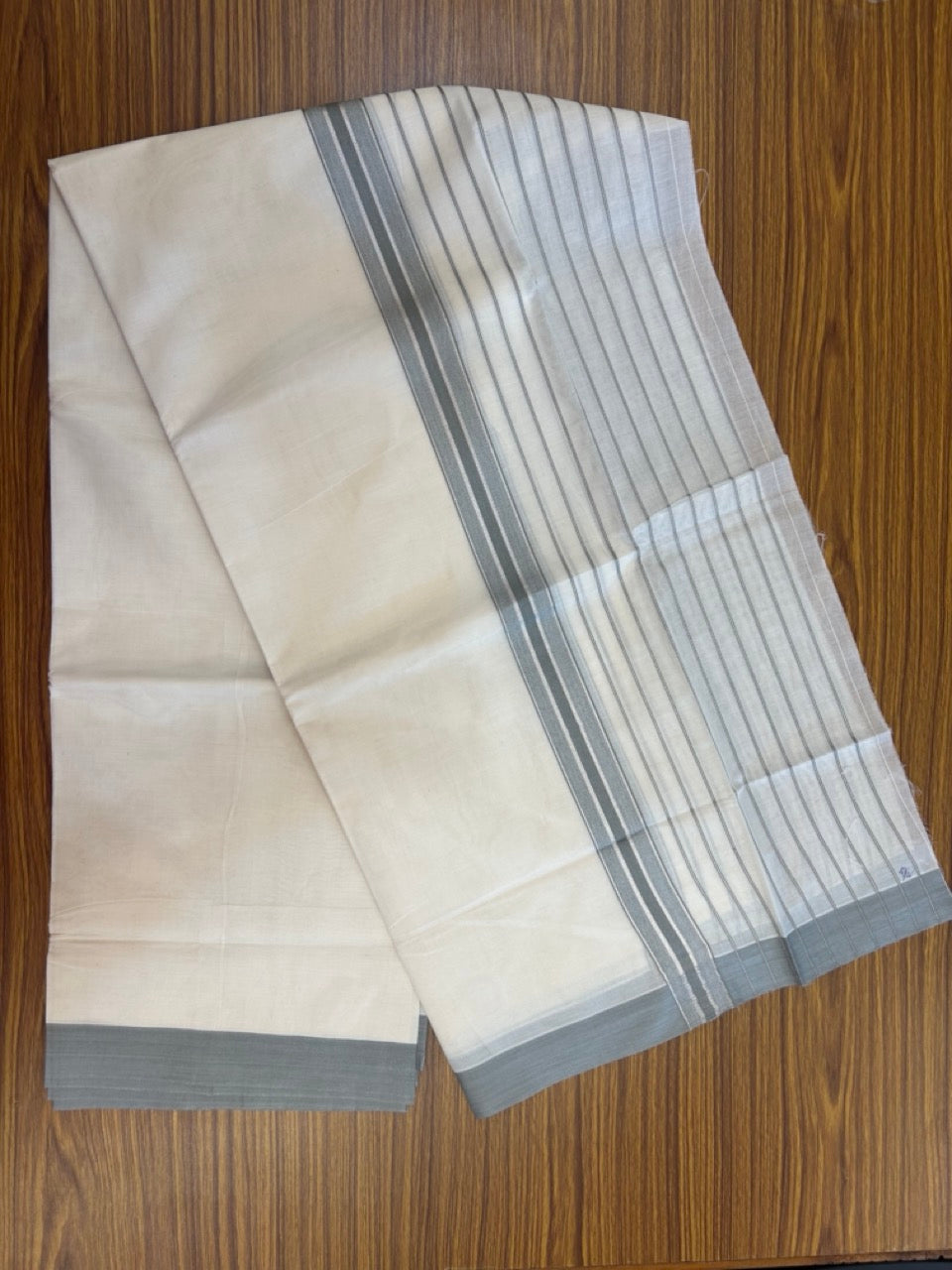 20% Discount! KaithariKada Balaramapuram Pure Cotton Double Off White Mundu/Dhoti - 100x80 - 7 Inch Silver Kasav & Grey Stripes Kara 4 mtr (8.5 Muzham) - 30 KK5284 PMC