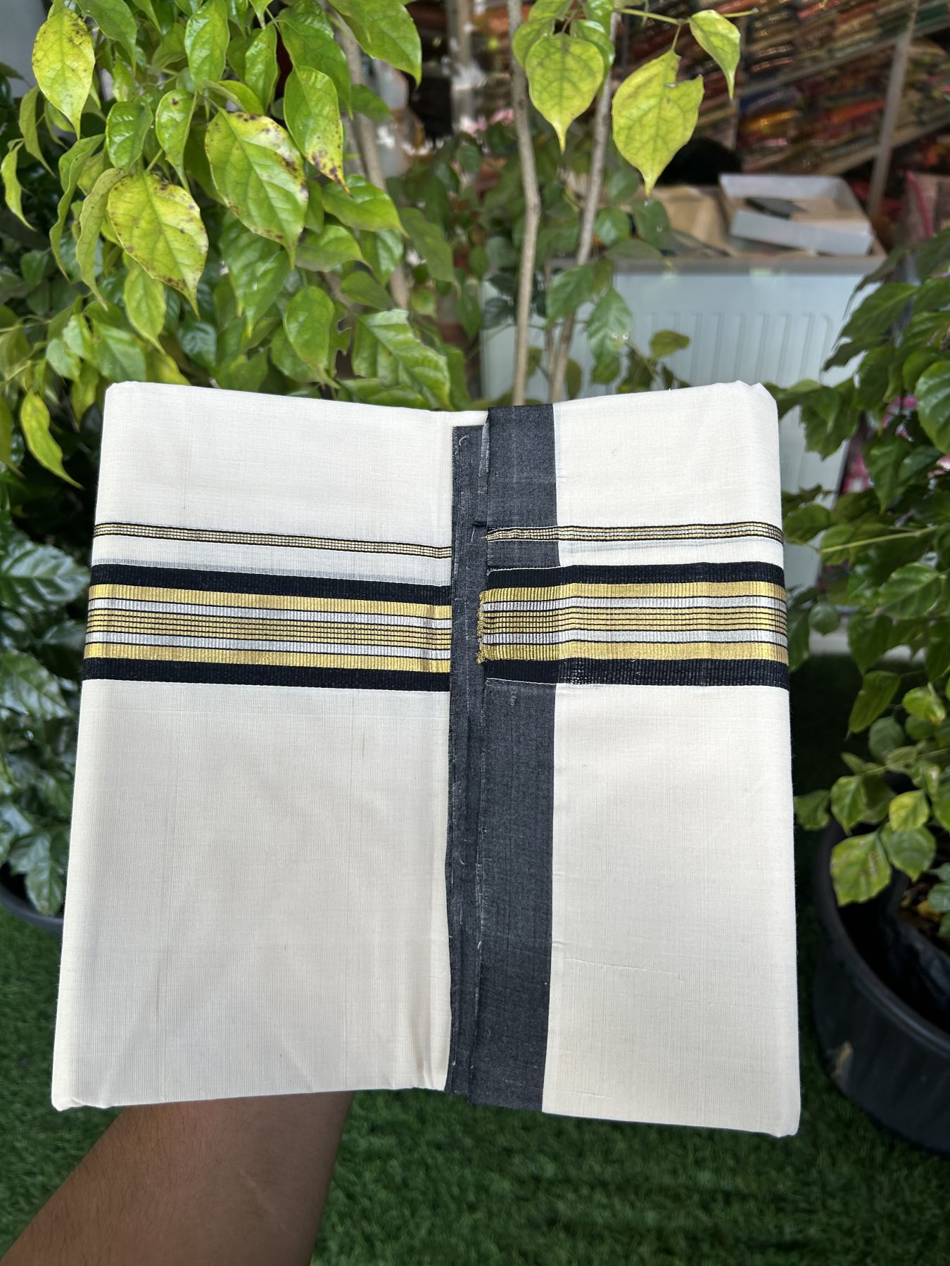 25% Discount ! Kaitharikada Handloom  Millpaav Balaramapuram - 100% Pure Cotton Off White - (Unbleached) Double Mundu/Dhoti - 80x90 - 1.75 inch Gold Kasav & Silver Kasav Black Striped Kara 4 mtr (8.5 Muzham) - 6 KK5320 RAM