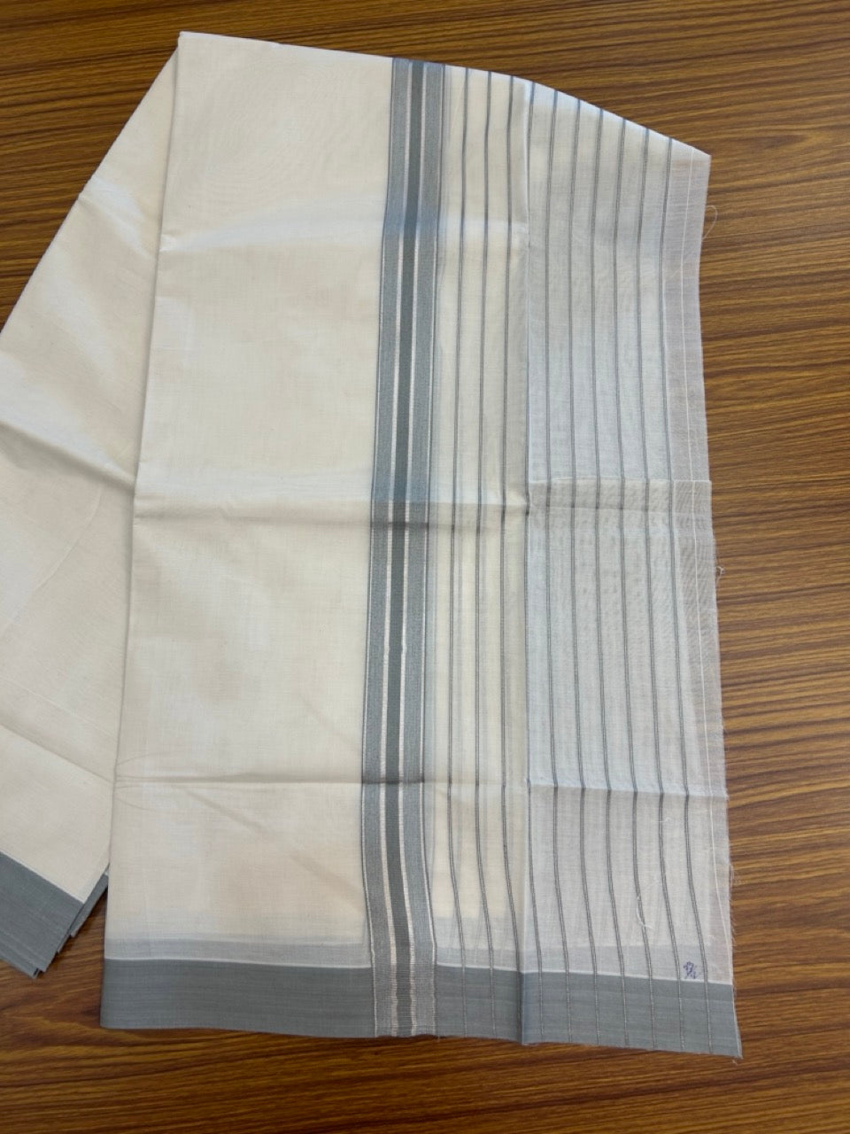 20% Discount! KaithariKada Balaramapuram Pure Cotton Double Off White Mundu/Dhoti - 100x80 - 7 Inch Silver Kasav & Grey Stripes Kara 4 mtr (8.5 Muzham) - 30 KK5284 PMC