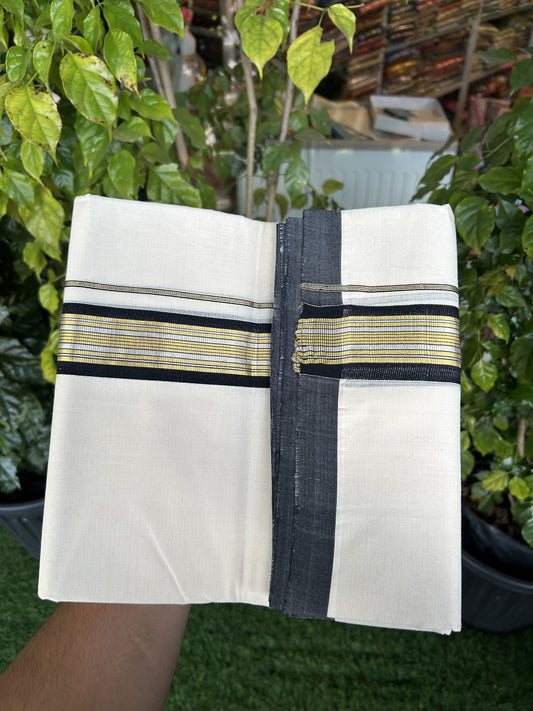 25% Discount ! Kaitharikada Handloom  Millpaav Balaramapuram - 100% Pure Cotton Off White - (Unbleached) Double Mundu/Dhoti - 80x90 - 1.75 inch Gold Kasav & Silver Kasav Black Striped Kara 4 mtr (8.5 Muzham) - 5 KK5320 RAM
