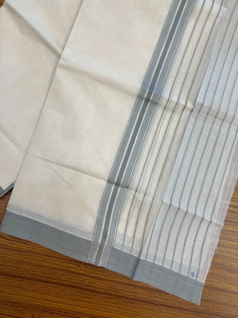 20% Discount! KaithariKada Balaramapuram Pure Cotton Double Off White Mundu/Dhoti - 100x80 - 7 Inch Silver Kasav & Grey Stripes Kara 4 mtr (8.5 Muzham) - 30 KK5284 PMC