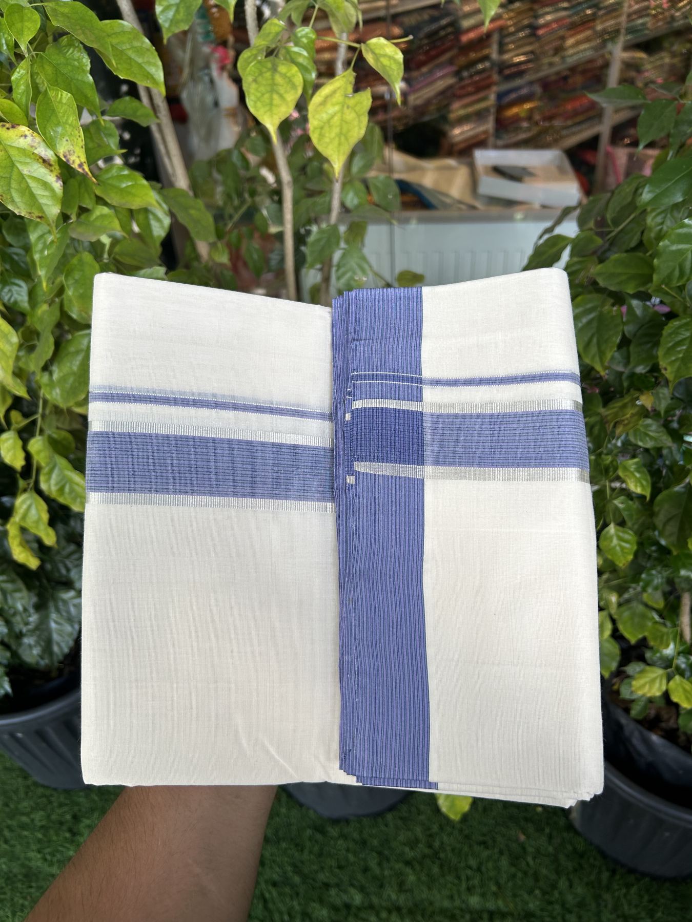 25% Discount! KaithariKada Handloom Unakkupaav Balaramapuram - Cotton Double Mundu/Dhoti Off white (Unbleached) - 100x80 - 1.5 inch Silver Kasav Lavender Blue & Green striped Kara - 4 meter (8.5 Muzham) - 28 KK5320 RAM