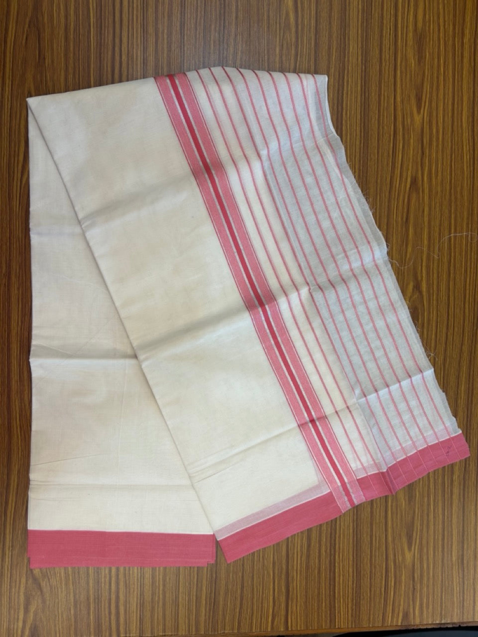 20% Discount! KaithariKada Balaramapuram Pure Cotton Double Off White Mundu/Dhoti - 100x80 - 7 Inch Silver Kasav & Pink Stripes Kara 4 mtr (8.5 Muzham) - 31 KK5284 PMC