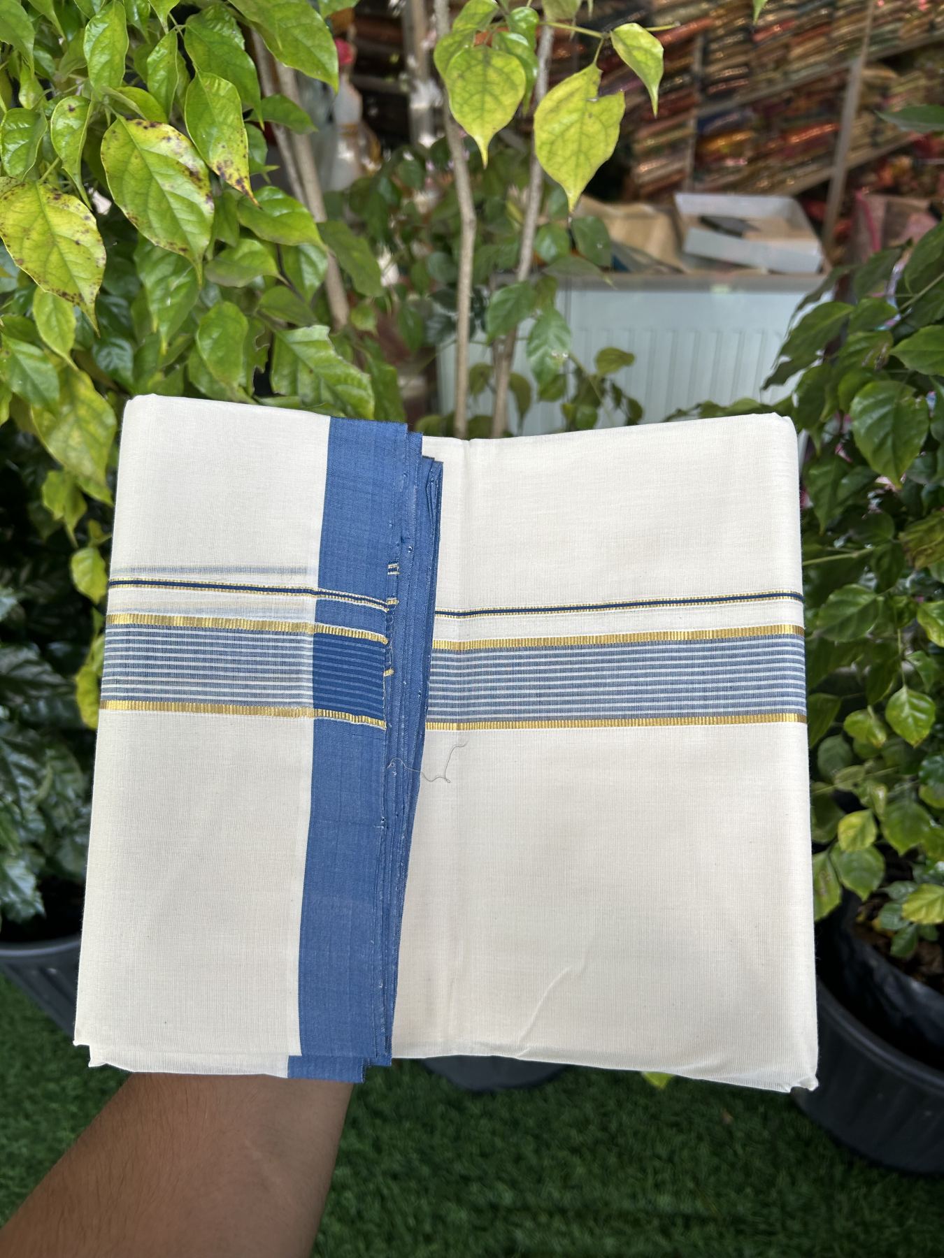 25% Discount! KaithariKada Handloom Millpaav Balaramapuram - Cotton Double Mundu/Dhoti Off white (Unbleached) - 80x90 - 1.25 inch Kasav Blue & White striped Kara - 3.60 meter (8 Muzham) - 16 KK5320 RAM