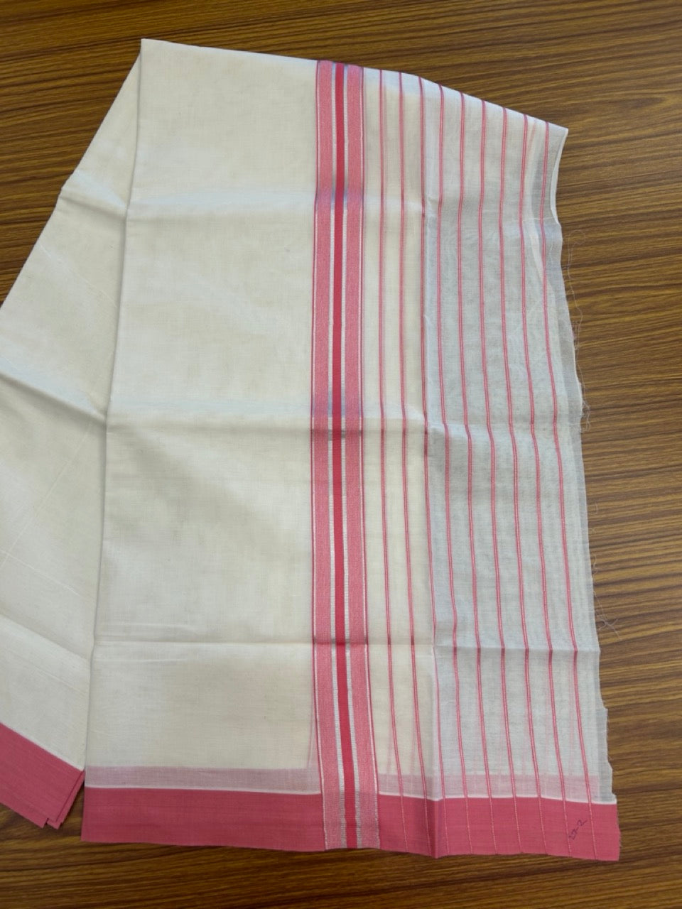 20% Discount! KaithariKada Balaramapuram Pure Cotton Double Off White Mundu/Dhoti - 100x80 - 7 Inch Silver Kasav & Pink Stripes Kara 4 mtr (8.5 Muzham) - 31 KK5284 PMC