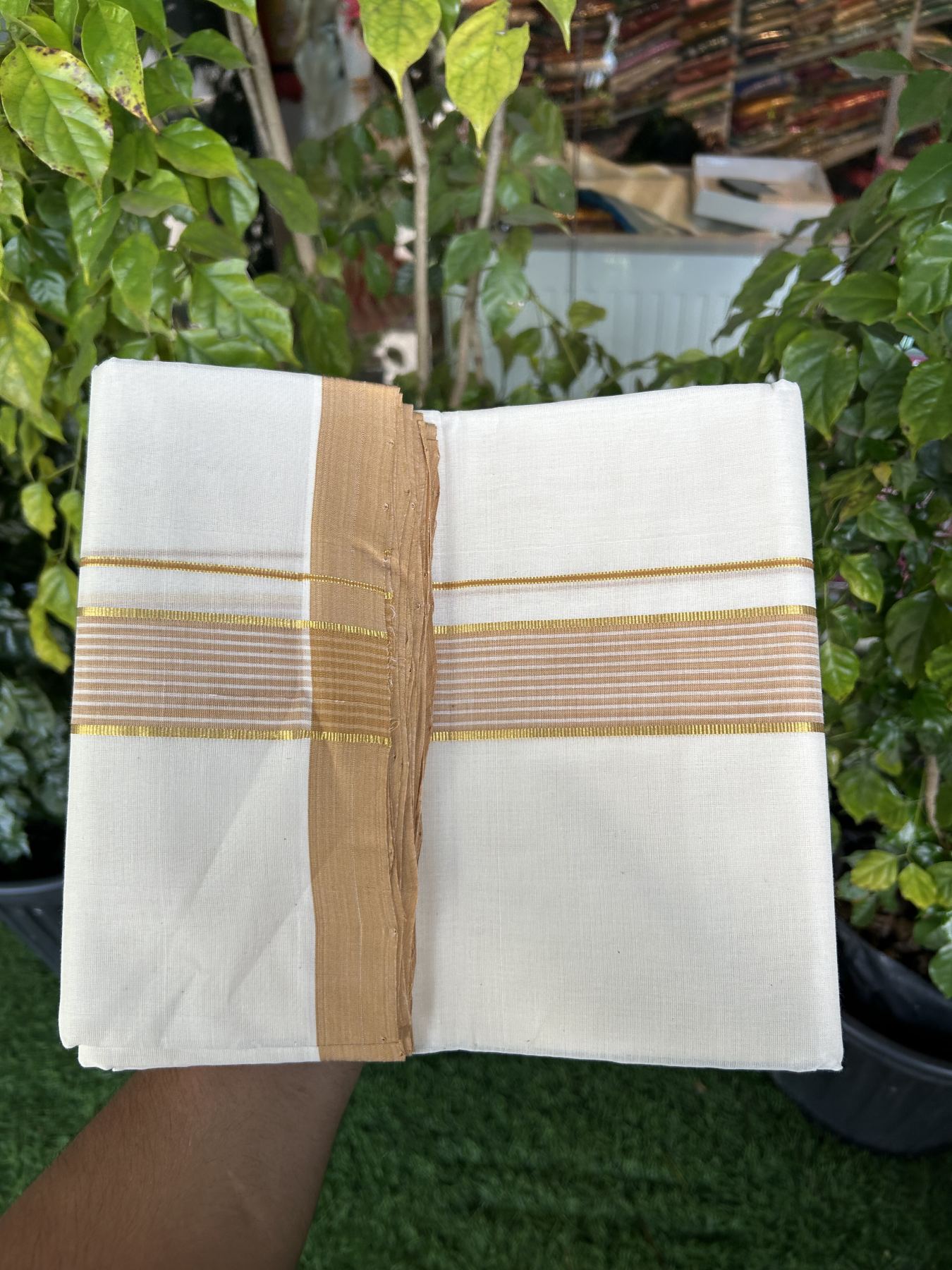 25% Discount! KaithariKada Handloom Millpaav Balaramapuram - Cotton Double Mundu/Dhoti Off white (Unbleached) - 80x90 - 1.75 inch Kasav  Sand Brown & White striped Kara - 3.60 meter (8 Muzham) - 19 KK5320 RAM
