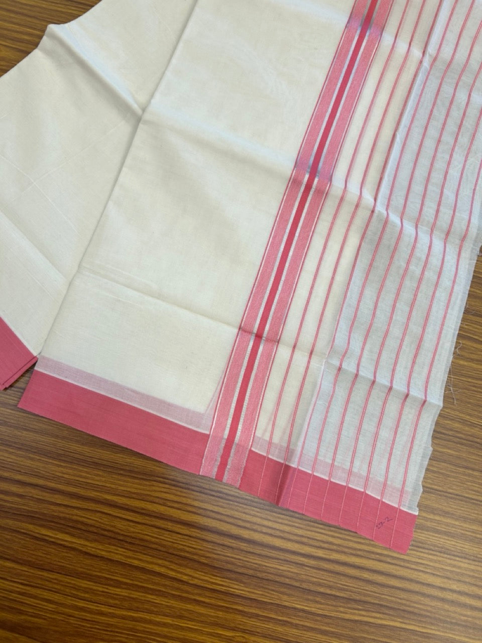 20% Discount! KaithariKada Balaramapuram Pure Cotton Double Off White Mundu/Dhoti - 100x80 - 7 Inch Silver Kasav & Pink Stripes Kara 4 mtr (8.5 Muzham) - 31 KK5284 PMC