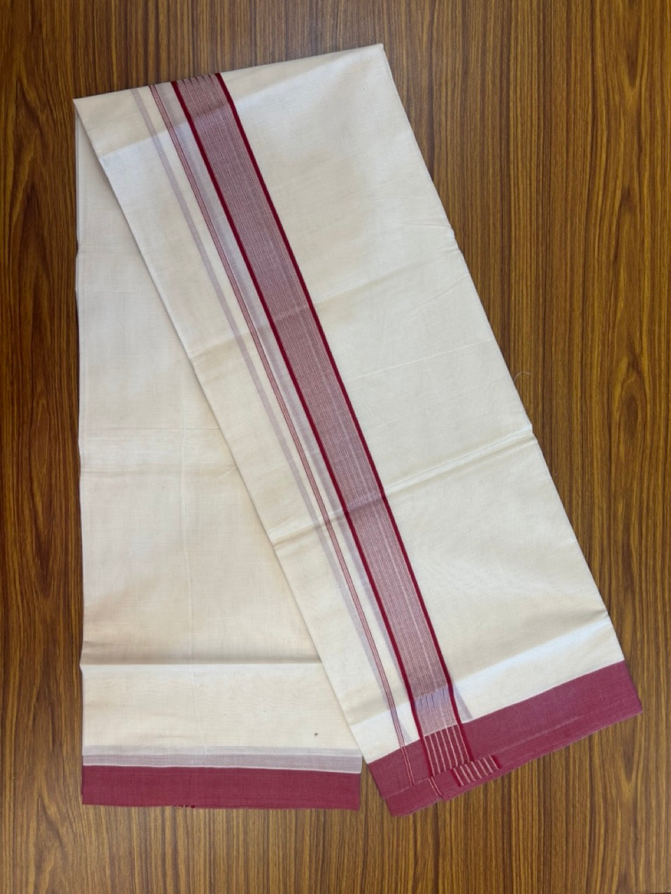 20% Discount! KaithariKada Balaramapuram Pure Cotton Double Off White Mundu/Dhoti - 100x80 - 1.75 Inch Silver Kasav & Reddish Maroon Stripes Kara 4 mtr (8.5 Muzham) - 24 KK5284 PMC