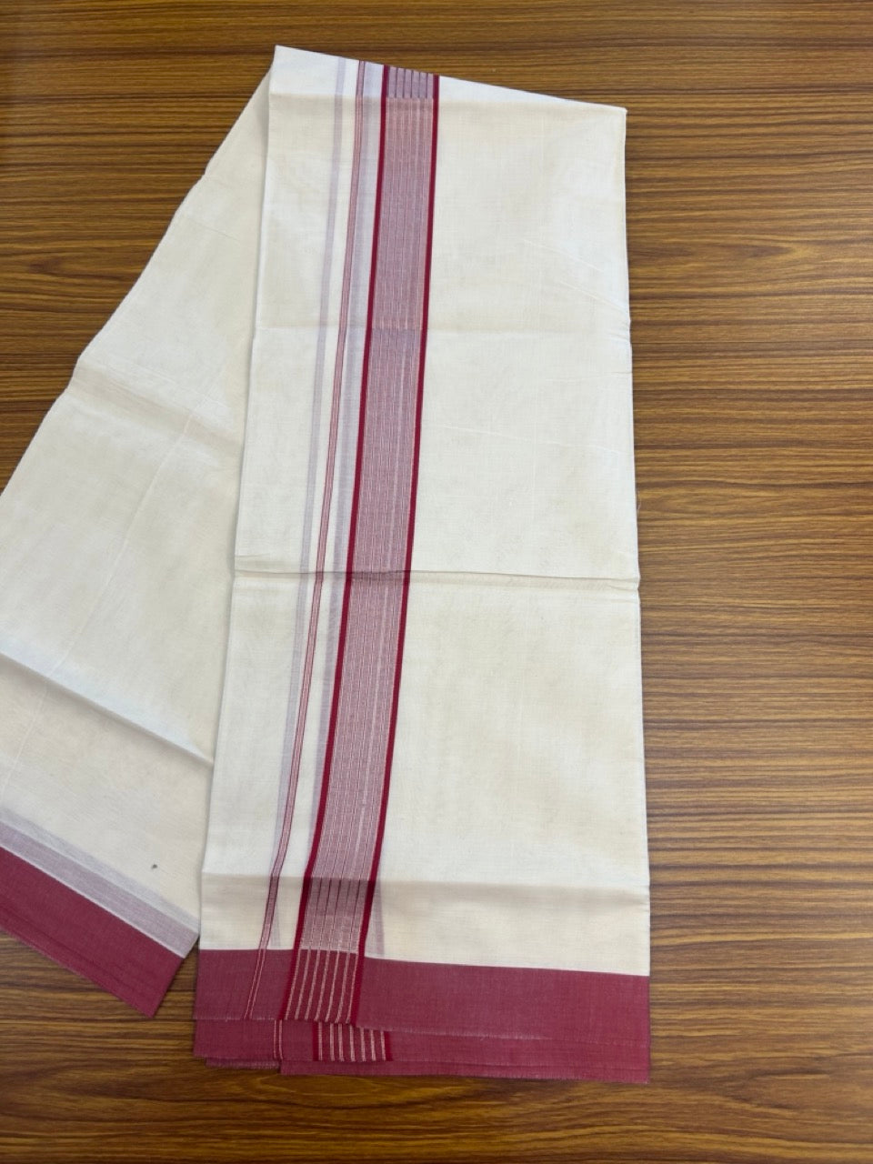 20% Discount! KaithariKada Balaramapuram Pure Cotton Double Off White Mundu/Dhoti - 100x80 - 1.75 Inch Silver Kasav & Reddish Maroon Stripes Kara 4 mtr (8.5 Muzham) - 24 KK5284 PMC