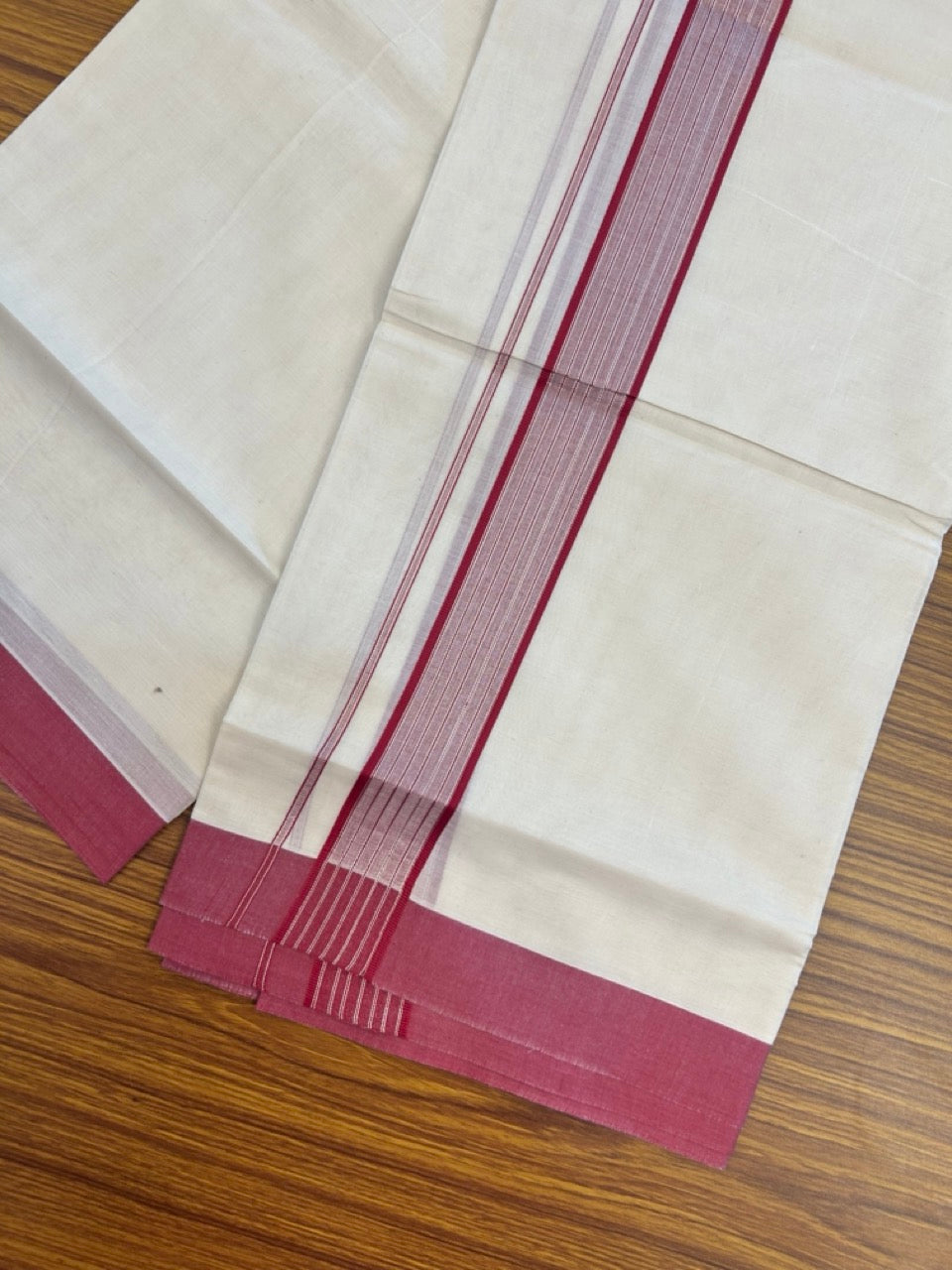 20% Discount! KaithariKada Balaramapuram Pure Cotton Double Off White Mundu/Dhoti - 100x80 - 1.75 Inch Silver Kasav & Reddish Maroon Stripes Kara 4 mtr (8.5 Muzham) - 24 KK5284 PMC