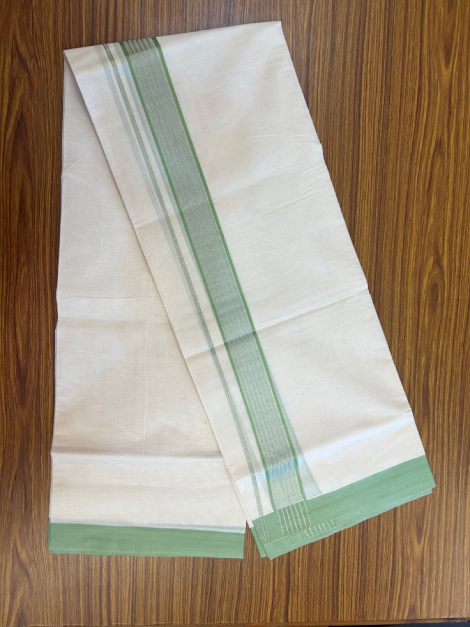 20% Discount! KaithariKada Balaramapuram Pure Cotton Double Off White Mundu/Dhoti - 100x80 - 1.75 Inch Silver Kasav & Light Green Stripes Kara 4 mtr (8.5 Muzham) - 19 KK5284 PMC