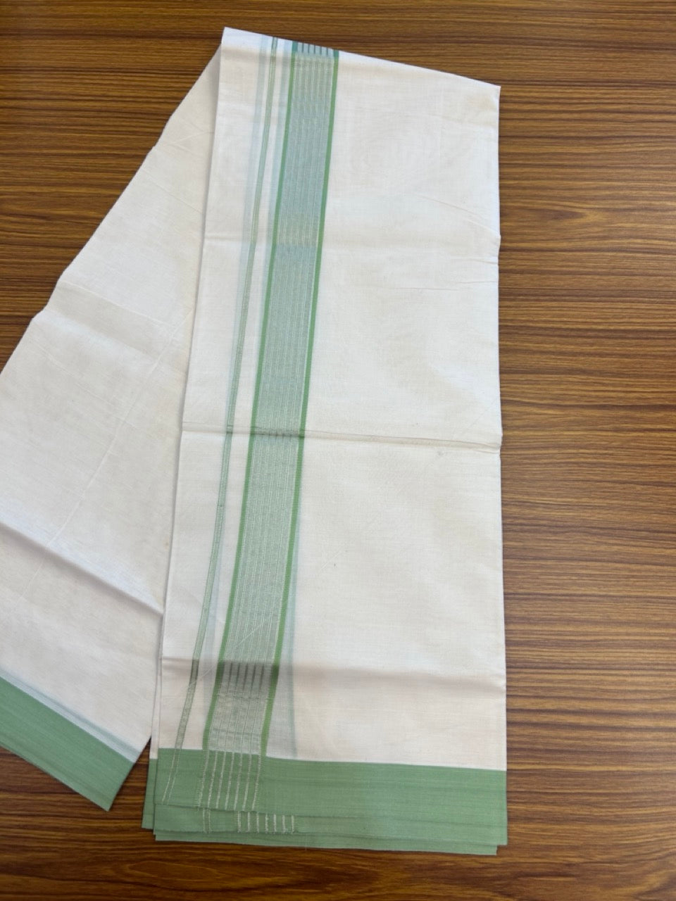 20% Discount! KaithariKada Balaramapuram Pure Cotton Double Off White Mundu/Dhoti - 100x80 - 1.75 Inch Silver Kasav & Light Green Stripes Kara 4 mtr (8.5 Muzham) - 19 KK5284 PMC