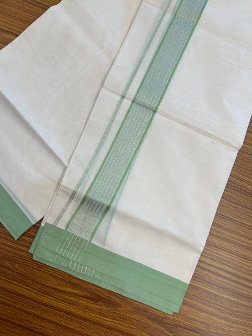 20% Discount! KaithariKada Balaramapuram Pure Cotton Double Off White Mundu/Dhoti - 100x80 - 1.75 Inch Silver Kasav & Light Green Stripes Kara 4 mtr (8.5 Muzham) - 19 KK5284 PMC