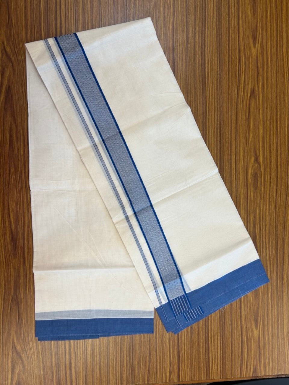 20% Discount! KaithariKada Balaramapuram Pure Cotton Double Off White Mundu/Dhoti - 100x80 - 1.75 Inch Silver Kasav & Blue Stripes Kara 4 mtr (8.5 Muzham) - 23 KK5284 PMC