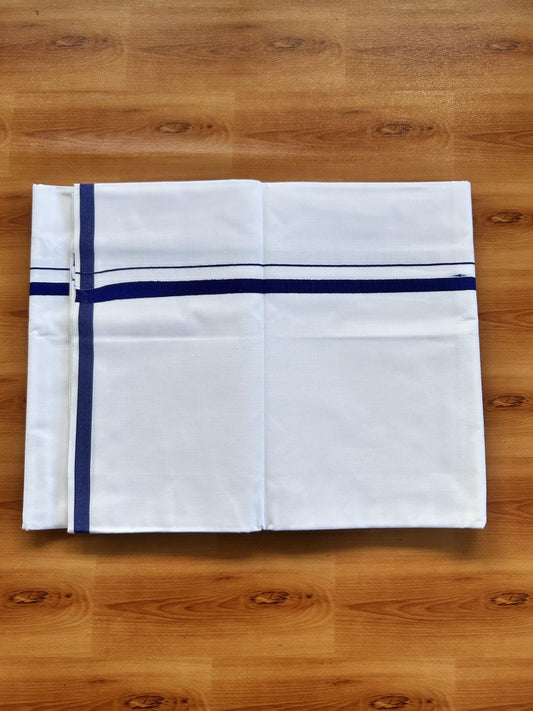 Single Pure White 100% Pure Cotton Mundu/Dhoti - 8% Discount! KaithariKada Mill Bleached - 40s - 1 cm Navy Blue Kara (2 meter / 4 muzham) - 8 KK5467 MC