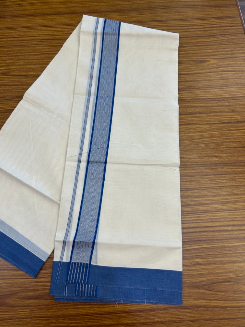 20% Discount! KaithariKada Balaramapuram Pure Cotton Double Off White Mundu/Dhoti - 100x80 - 1.75 Inch Silver Kasav & Blue Stripes Kara 4 mtr (8.5 Muzham) - 23 KK5284 PMC